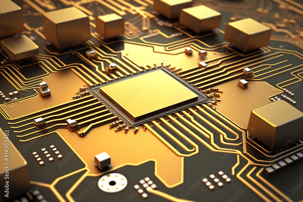 Poster gold circuit board with processor chip.