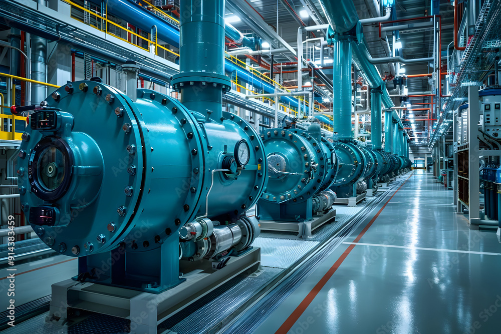 Wall mural Industrial machinery in a factory setting with a row of large blue pumps.