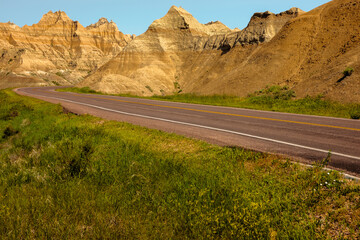 The loop road winds through hilly landscape within the Badlands National Park, South Dakota