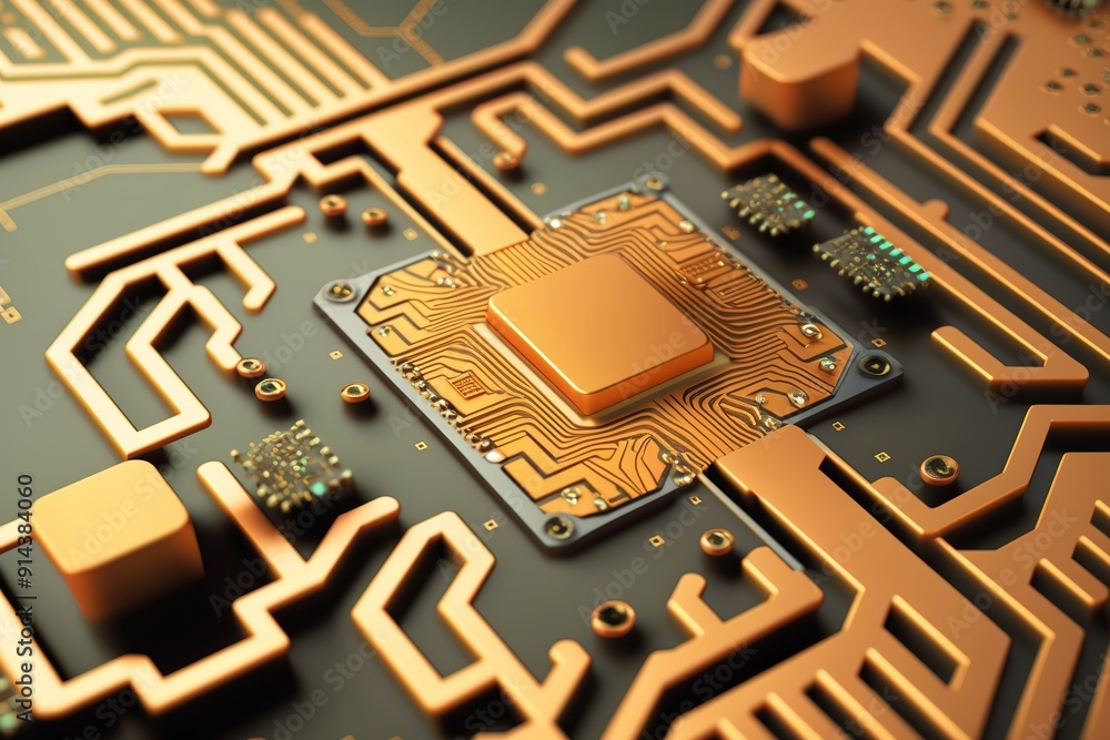 Poster gold cpu processor chip on a circuit board.