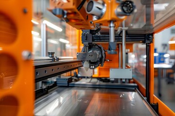 Fototapeta premium Close-up of industrial machinery in a modern factory. High-tech manufacturing and precision engineering equipment. Automation and technology.