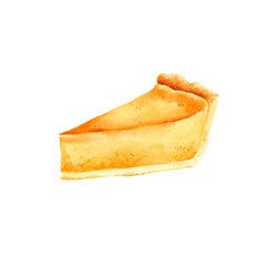 watercolor piece of delicious pumpkin pie, fresh baked cake, hand drawn illustration of food theme, treats for the holiday, Halloween, autumn party, cozy sketch on white background for card