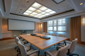 Fototapeta premium Modern conference room with large table, chairs, and presentation screen, illuminated by ceiling lights and natural window light.