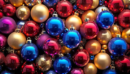 Beautiful glowing background with Christmas and New Year decorations and colorful balls. Christmas New Year fairytale mood. Christmas New Year winter home fairytale holiday.
