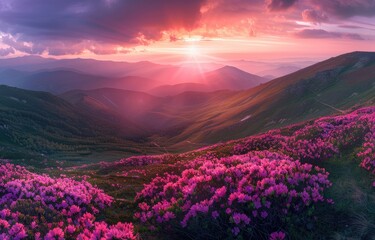 Pink Blossoms at Sunset in the Mountains