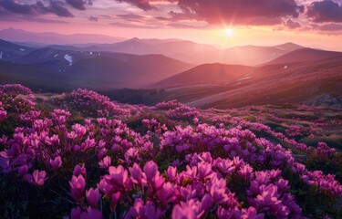 Sunset Over Mountaintop Field of Pink Flowers