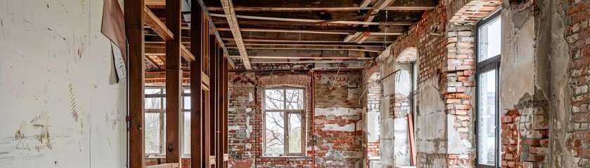 Fototapeta premium Interior view of an old, abandoned building with exposed brick walls, wooden beams, and broken windows.