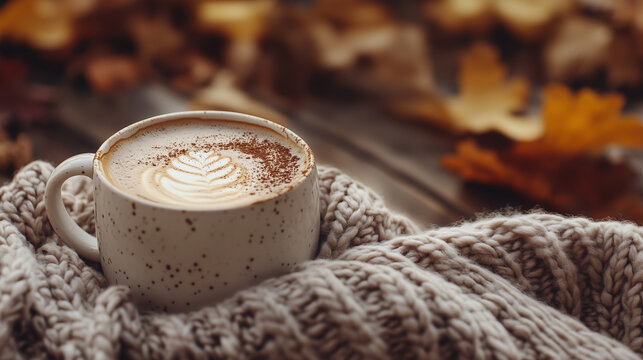 cup of coffee in knitted blanket autumn leaves arround 