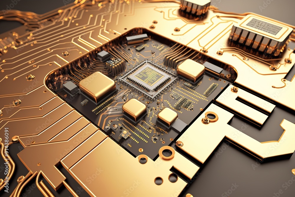 Poster golden circuit board with microchip close up.