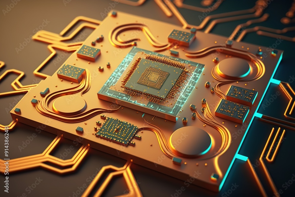Poster golden circuit board with microchip.