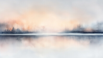 A painting of a lake with trees in the background