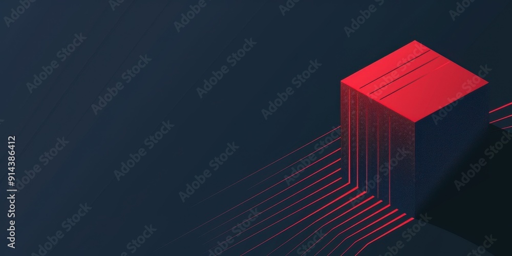 Poster blue and red background with geometric shapes red lines on a dark blue background an isometric cube 