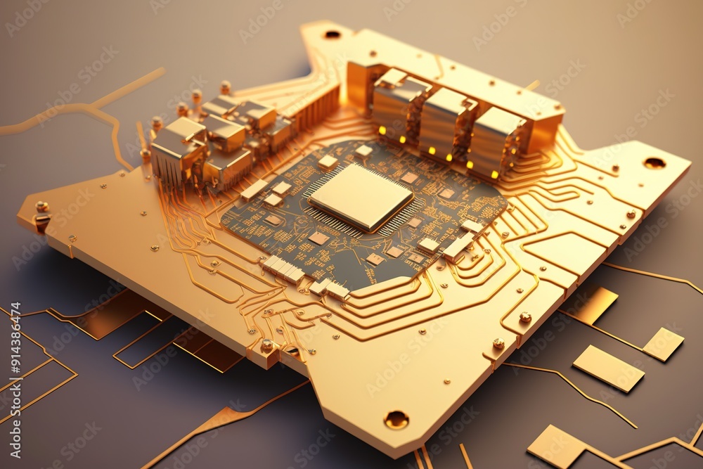 Poster golden circuit board with processor.