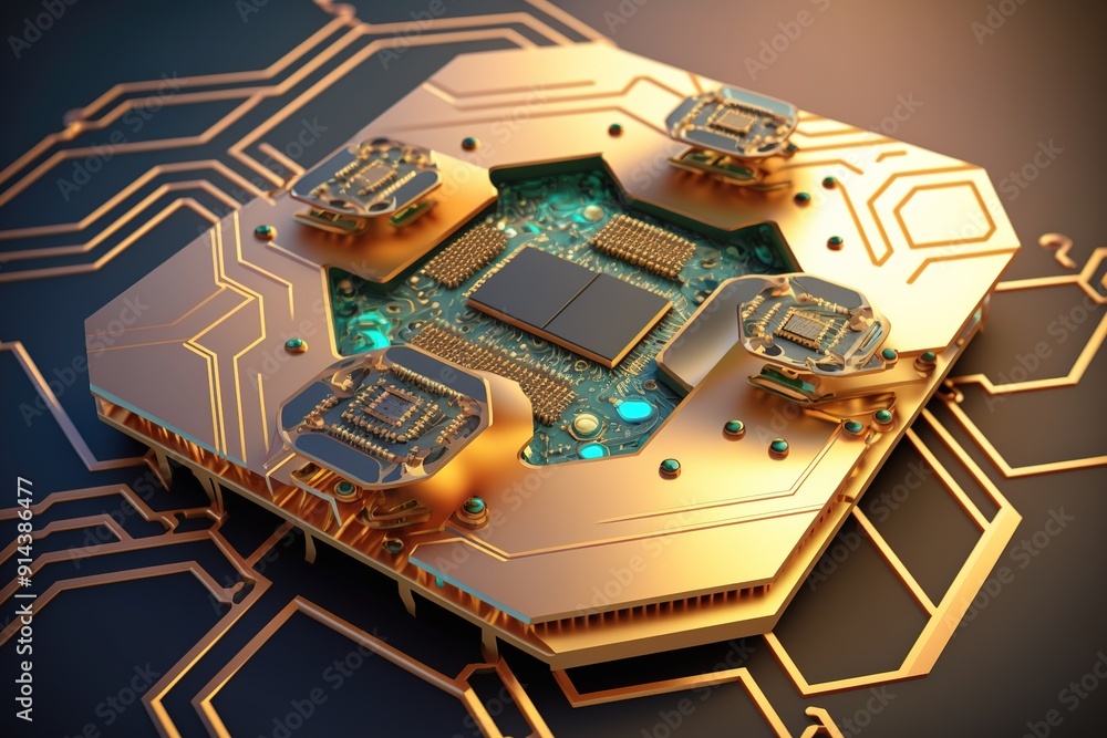 Poster golden circuit board with processor.