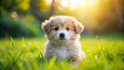 Adorable fluffy puppy playing in the grass, puppy, dog, cute, pet, animal, playful, small, furry, young, adorable, domestic, happiness
