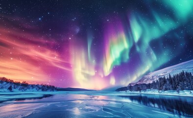 Aurora Borealis Over Frozen Lake