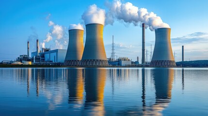 Power plant generates energy while cooling towers release steam into the evening sky