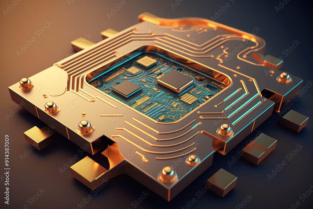 Poster golden cpu on a circuit board with blue lines.