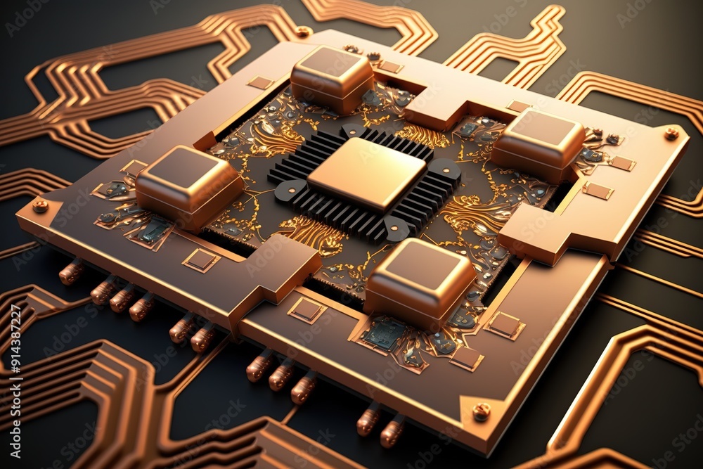 Poster golden microchip with circuit board close-up.