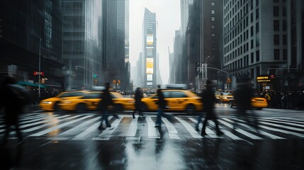 Bustling New York City Intersection with Diverse Crowd and Towering Skyscrapers in Moody Monochrome