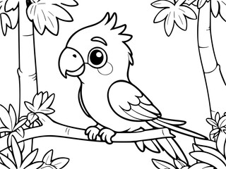 Drawing simple lines cute parrot coloring book pages. cartoons for preschool children