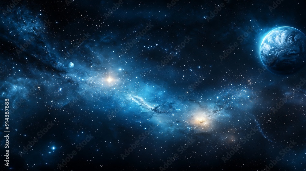Poster mysterious night sky with bright constellations and planets, designed with a large copy space for te