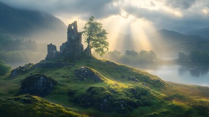 Dramatic Landscape in Scottish Highlands with Ancient Castle Ruins and Moody Atmosphere
