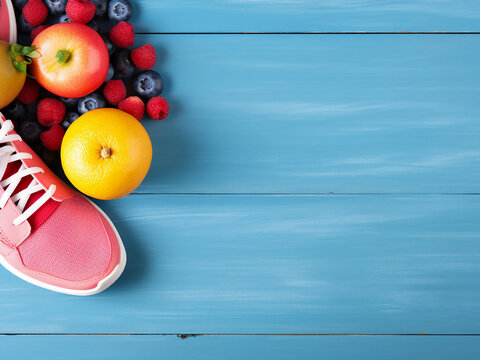 Pink sport shoes and fresh fruits on blue boards, promoting a healthy lifestyle