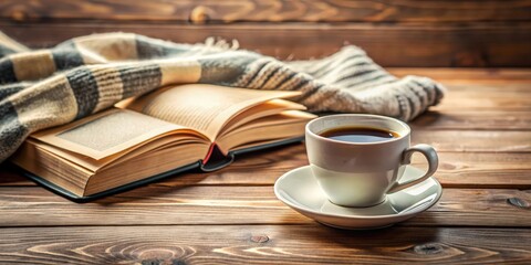 A cozy book and coffee cup on a wooden table, relaxation, reading, coffee break, leisure, cozy, warm, caffeine, literature