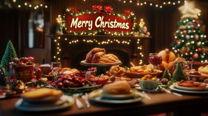 A beautifully set table displays an abundance of festive dishes, all while the room is adorned with cheerful holiday decorations, happy new year 2025 and merry christmas theme