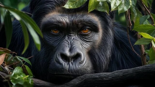 Portrait of a fully grown silverback gorilla in his natural habitat within the jungles of the Central African Republic. Essence of the wild where apes resides. Generative AI