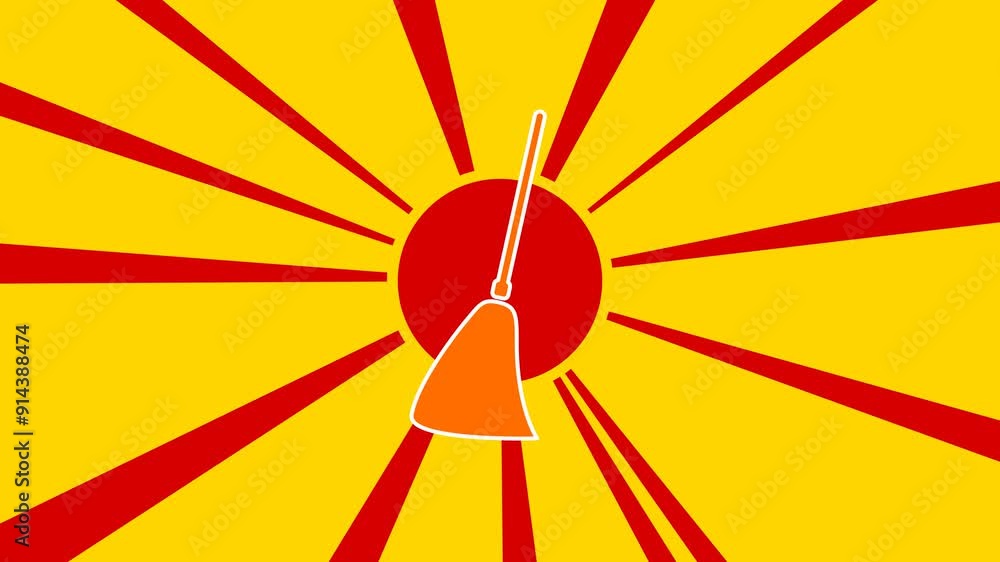 Poster broom symbol on the background of animation from moving rays of the sun. large orange symbol increas