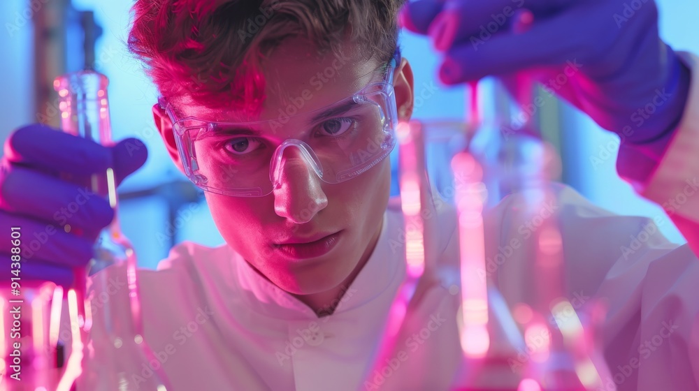 Poster young student conducting science experiment with beakers