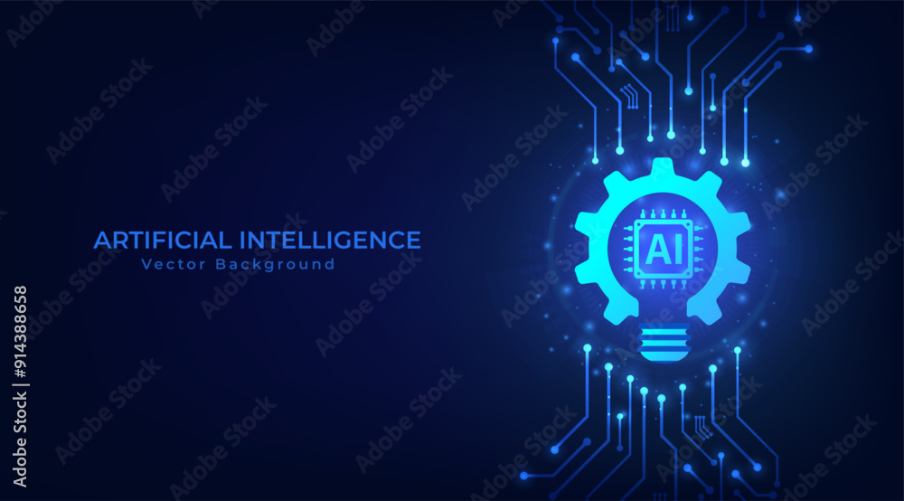 Poster Artificial intelligence abstract background. Light bulb with AI symbol on circuit board. Technology concept design. Big data and Machine learning. vector illustration.