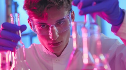 Young student conducting science experiment with beakers