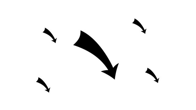 Zoom in and out animation the down arrow symbol. Large black symbol in the center and four small symbols around. Seamless looped 4k animation on white background