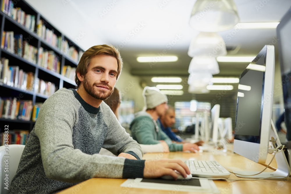 Poster Student, computer and portrait in college library for programming course, project and online assessment. Study, man and learning in university for education, scholarship and school research paper