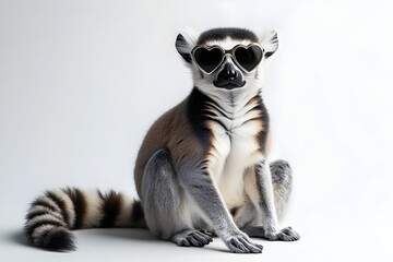 Obraz premium Playful Ring-tailed Lemur Wearing Oversized Heart-shaped Sunglasses against Pure White Backdrop