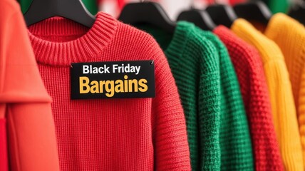 Digital storefront with holiday clothing and "Black Friday Bargains" banners, seasonal