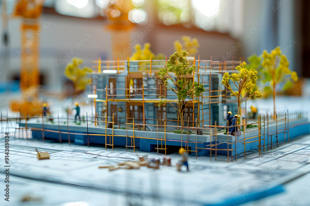 Poster miniature model of a building under construction with scaffolding and miniature workers.