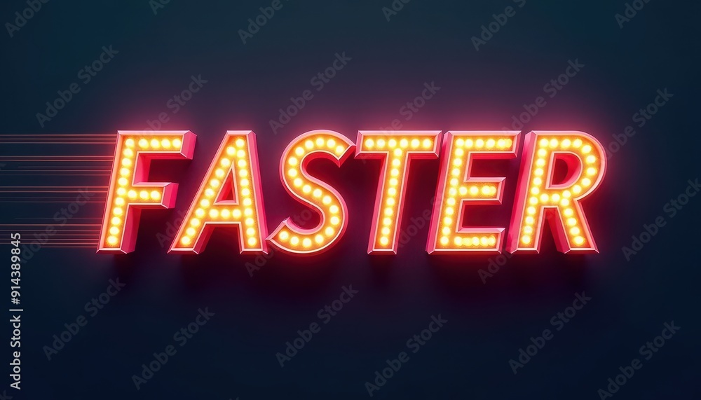 Poster illuminated 'faster' text with motion trails on a dark background.