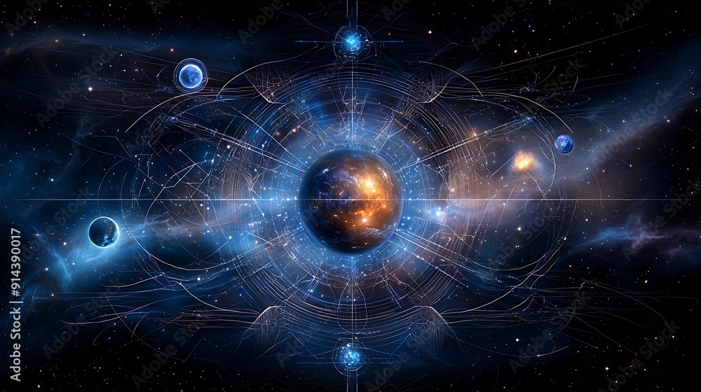 Poster celestial landscape with intricate star patterns and planetary symbols, providing ample copy space f