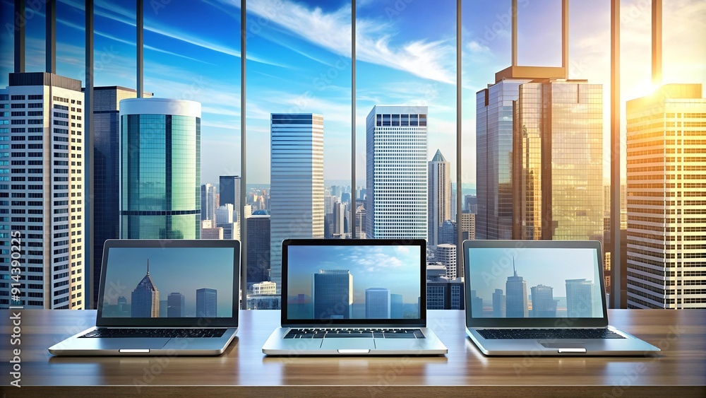 Poster a vibrant cityscape backdrop illuminated by the warm glow of open laptops, symbolizing the pulse of 