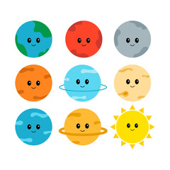 Cute Solar System Planets with Smiling Faces and Sun Illustration.
