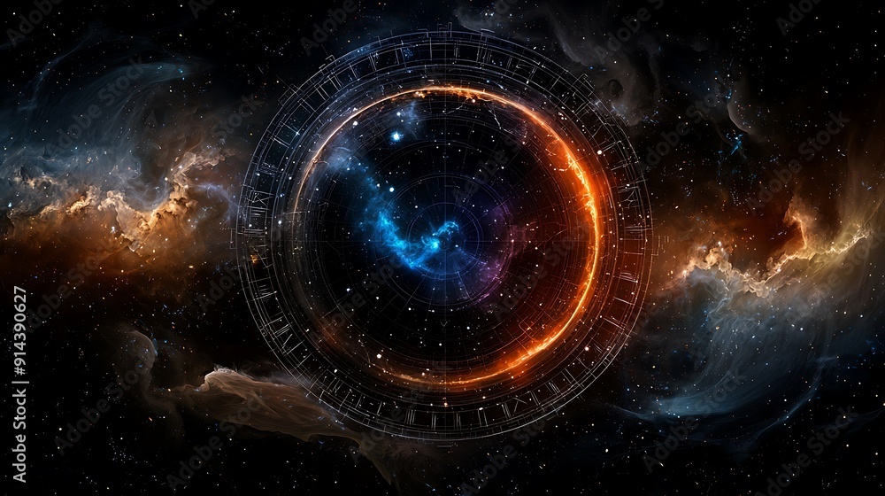 Poster mystical celestial map with intricate constellations and planetary alignments, providing ample copy 