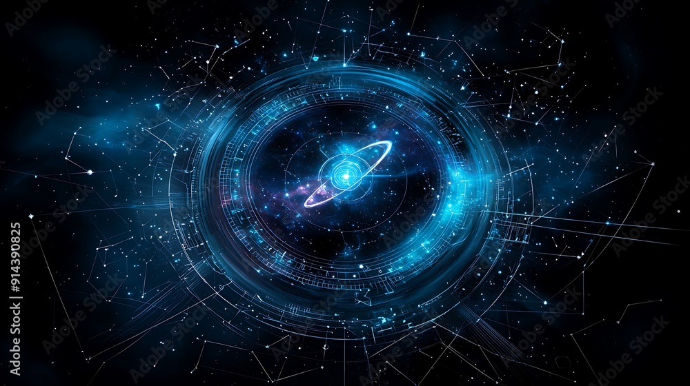 Poster mysterious cosmic landscape with intricate star patterns and zodiac signs, offering generous copy sp