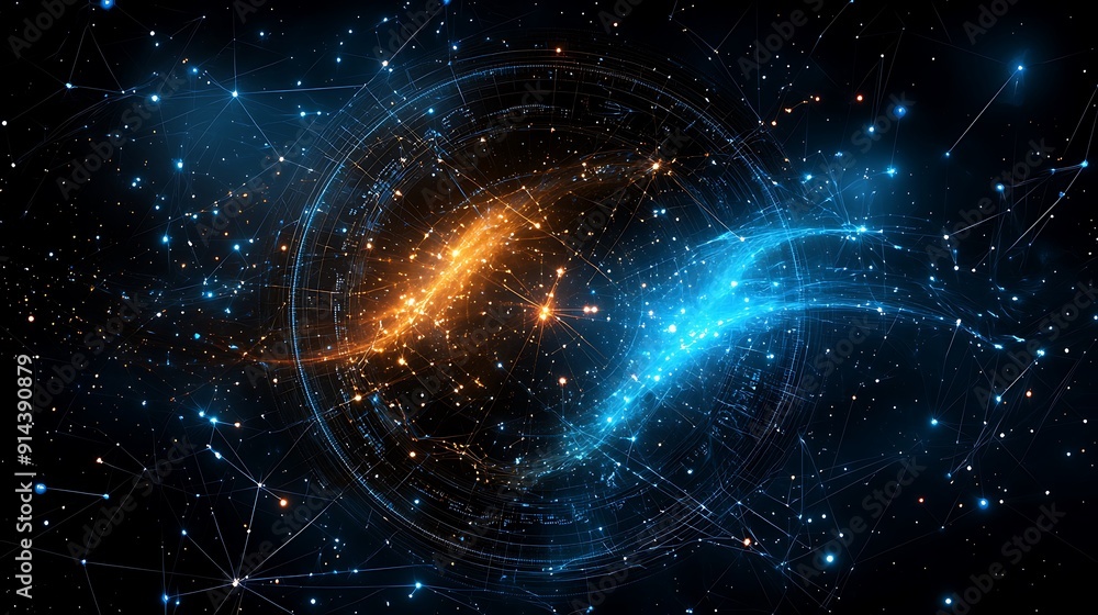 Poster mysterious cosmic landscape with intricate star patterns and zodiac signs, offering generous copy sp