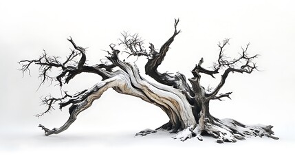 A Twisted, Dead Tree in a Snowy Landscape