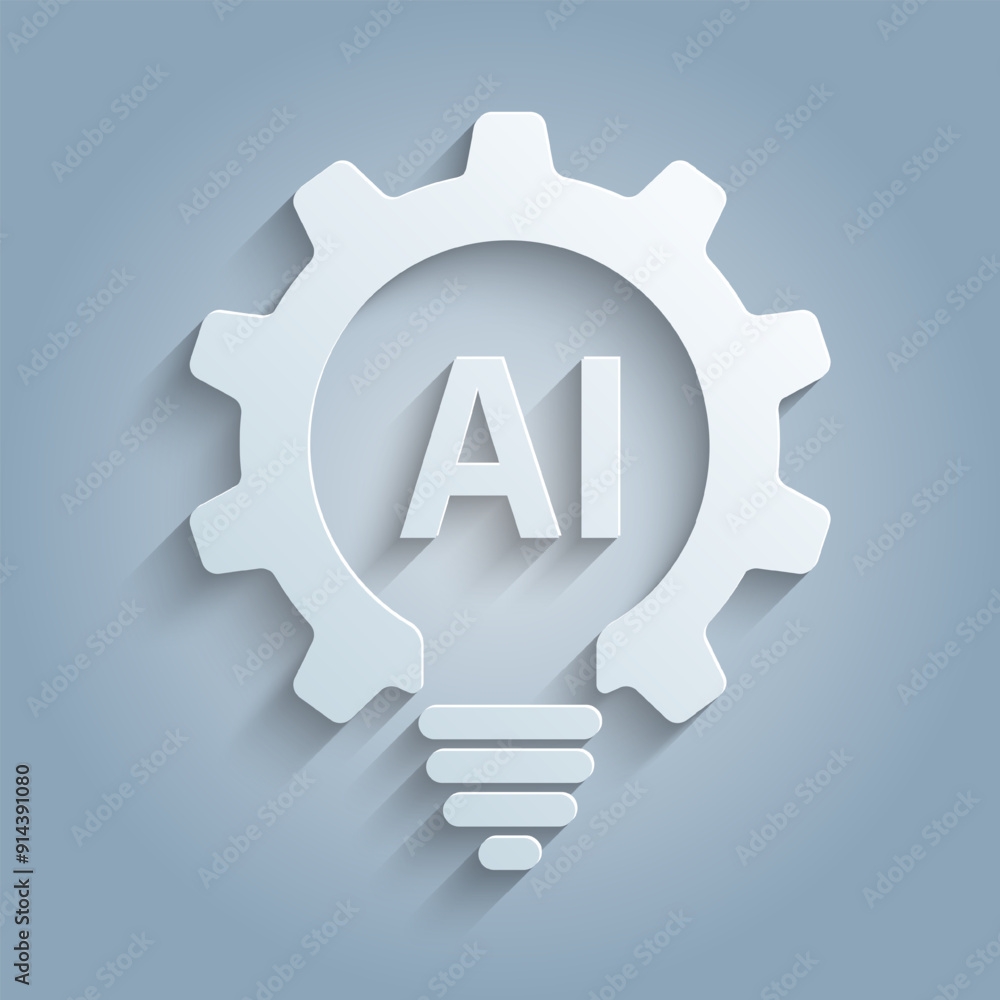 Leinwandbilder Light bulb with gears and AI icon. Flat design. Paper cut design. Artificial intelligence technology concept design. Big data and Machine learning. vector illustration.