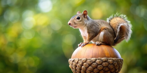 Fototapeta premium Squirrel perched on a large acorn , wildlife, nature, animal, rodent, autumn, cute, fluffy tail, nut, tree, foraging
